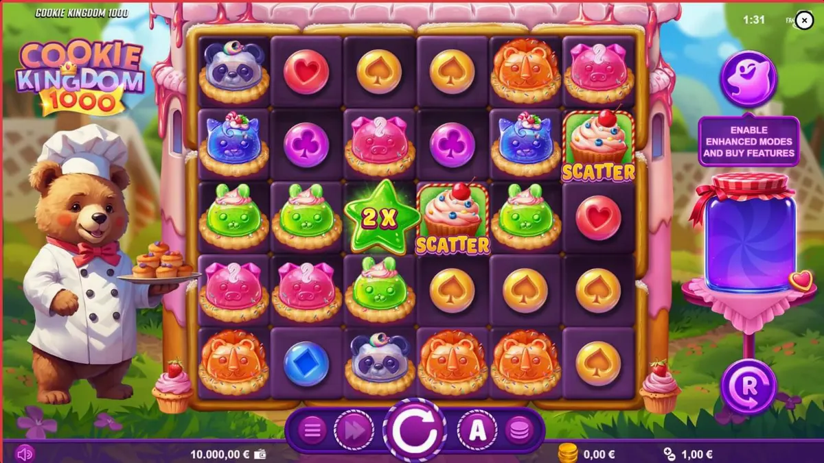Makulay at masayang visual ng Cookie Kingdom 1000 slot na may temang confectionery at mga jelly animals.