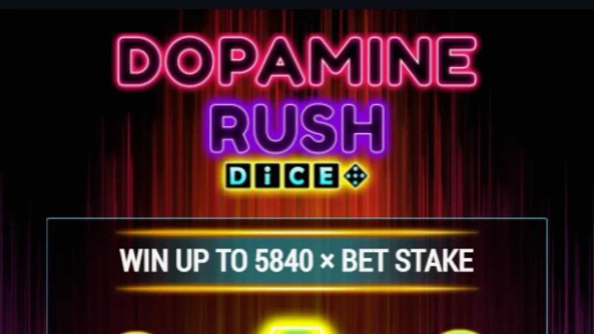 Dopamine Rush Dice slot machine interface na may neon arcade theme